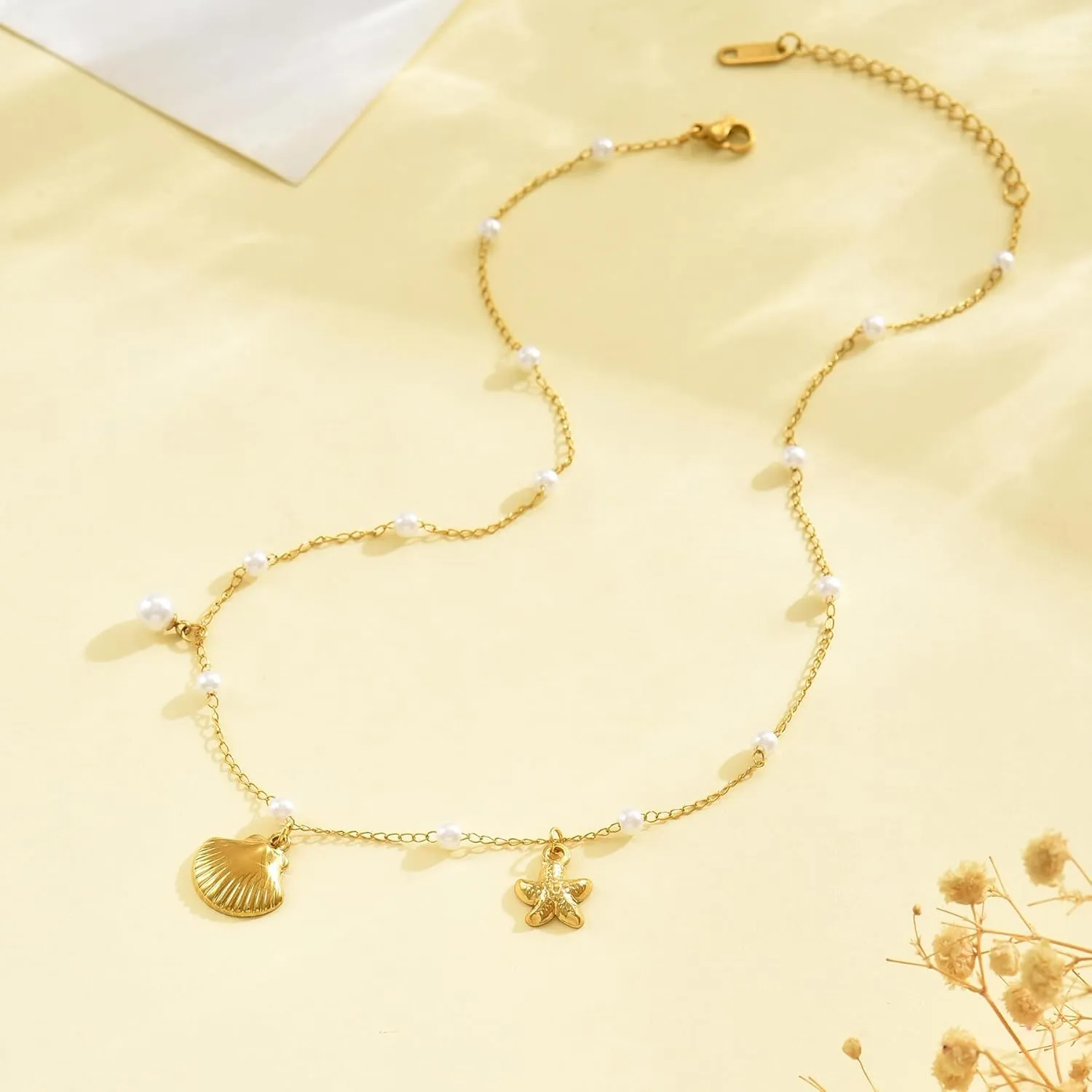18K Gold Plated Charm Necklace for Women Trendy Coin Sun Shell Starfish Seashell Sea Turtle Seahorse Ocean Series Pearl Pendant Necklaces Boho Summer Beach Jewelry
