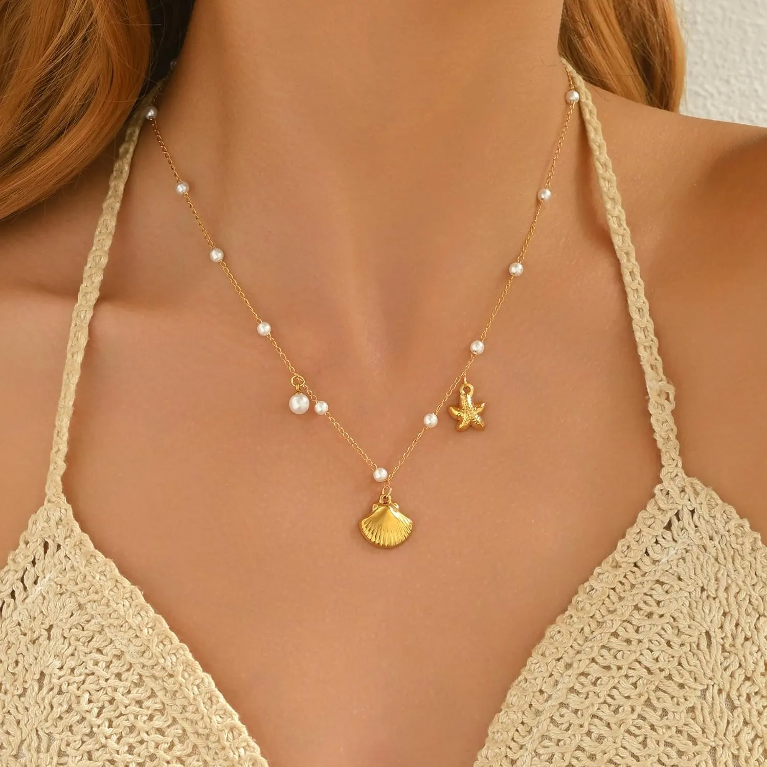 18K Gold Plated Charm Necklace for Women Trendy Coin Sun Shell Starfish Seashell Sea Turtle Seahorse Ocean Series Pearl Pendant Necklaces Boho Summer Beach Jewelry