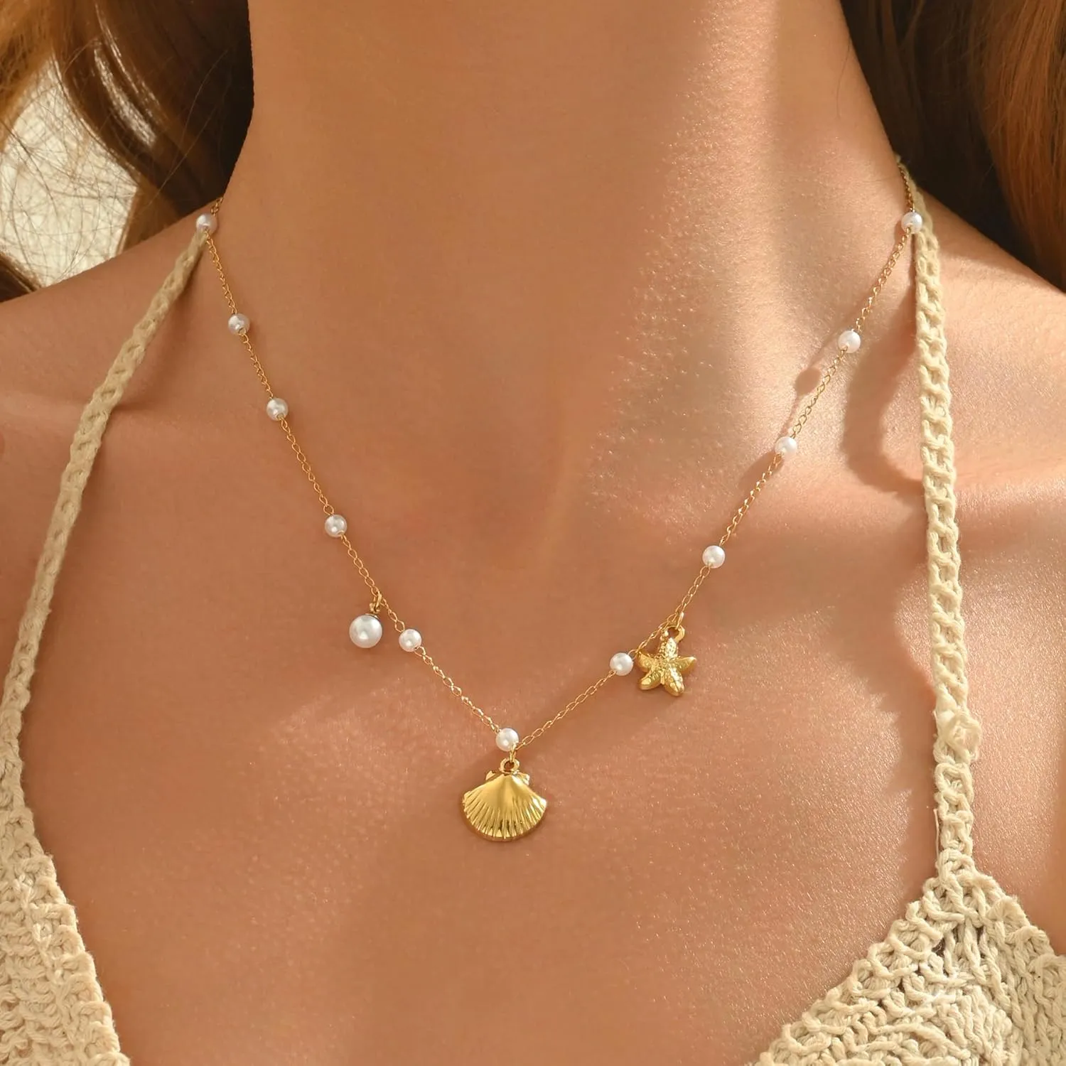 18K Gold Plated Charm Necklace for Women Trendy Coin Sun Shell Starfish Seashell Sea Turtle Seahorse Ocean Series Pearl Pendant Necklaces Boho Summer Beach Jewelry