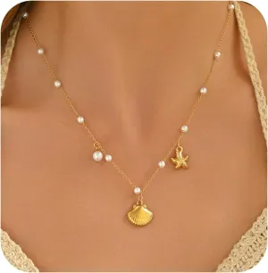 18K Gold Plated Charm Necklace for Women Trendy Coin Sun Shell Starfish Seashell Sea Turtle Seahorse Ocean Series Pearl Pendant Necklaces Boho Summer Beach Jewelry