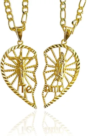 18K Gold Plated Couples Necklace Virgin Mary Necklace Jesus Necklace Heart Necklace, I Love You Break-apart Heart Necklace Chain Pendant Charm,Fine Jewelry Gifts to Share for Her(Couple necklace)