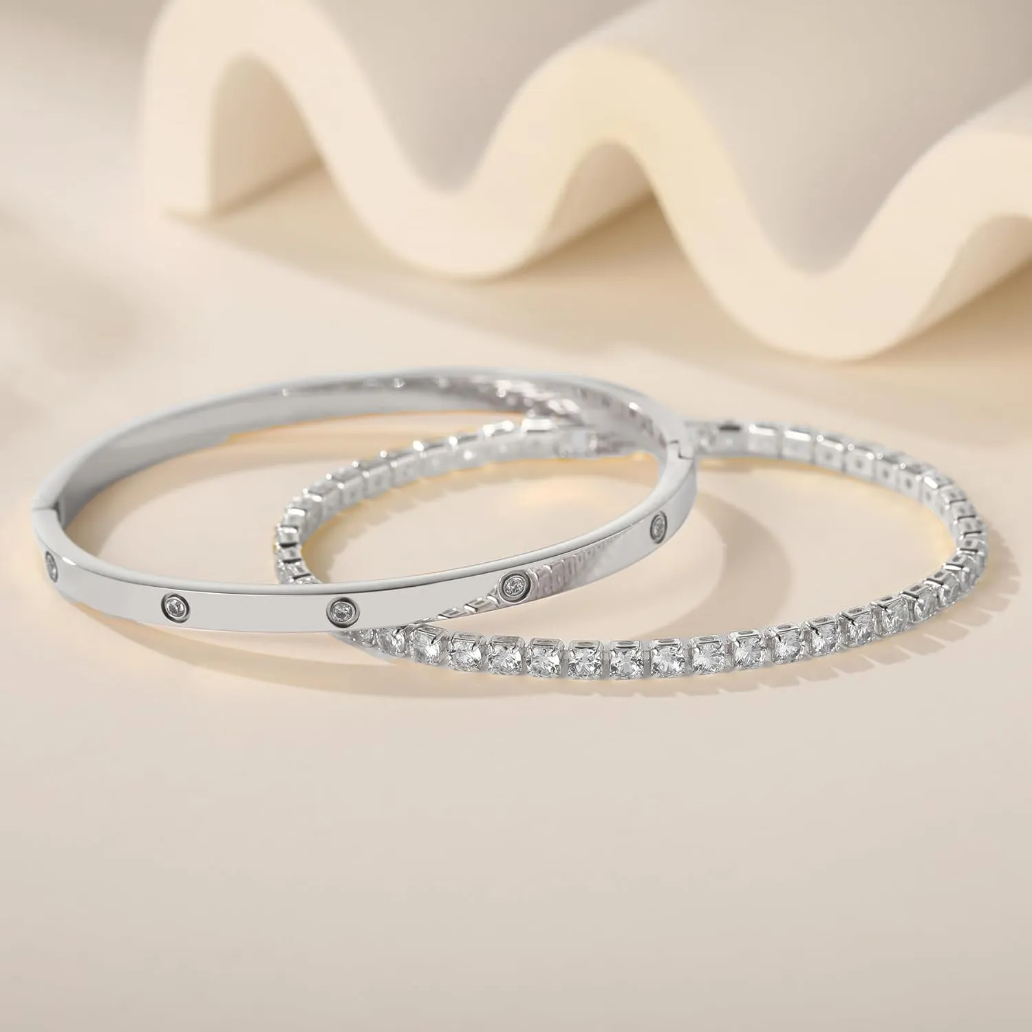 18K Gold Plated Dainty Tennis Bracelets Set 4mm/6mm Love Bangle Bracelets with 3mm/4mm Cubic Zirconia Classic Tennis Bracelet| Gold Bracelets for Women | Size 6.5/7/7.5 Inch