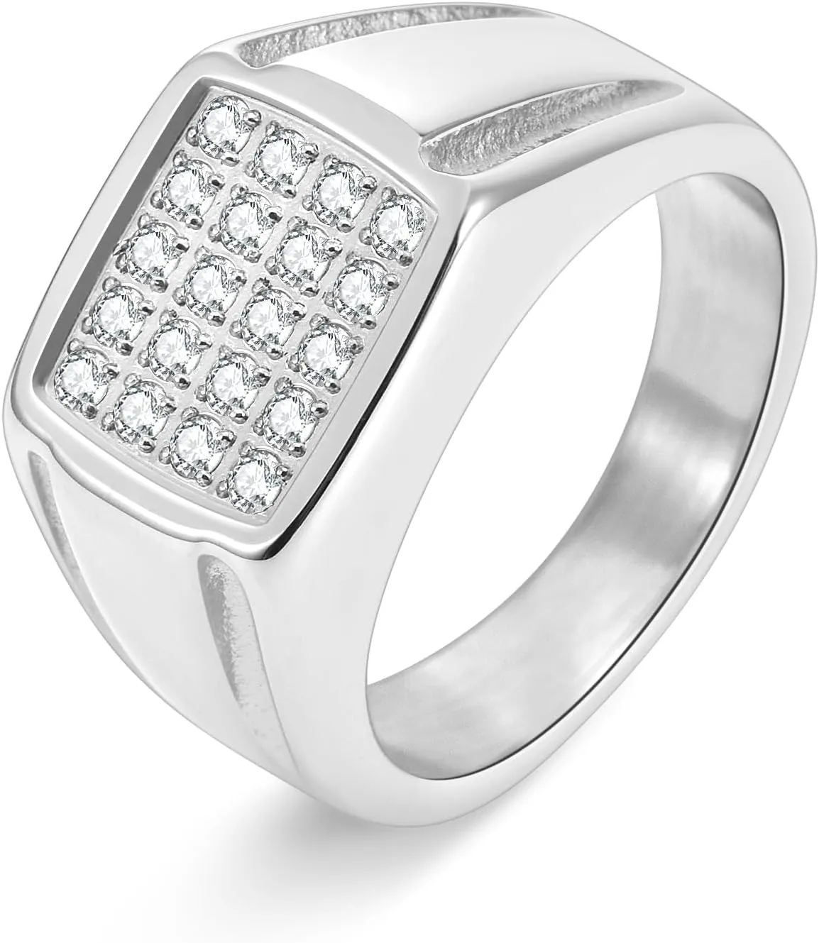 18K Gold Plated Men's Cubic Zirconia Ring with 20 CZ Stones - Hypoallergenic Stainless Steel Wedding Band, Comfort Fit Sizes 8-13 (Gold/Black/Silver), Jewelry Gifts for Him