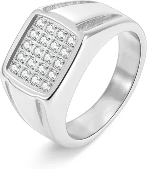 18K Gold Plated Men's Cubic Zirconia Ring with 20 CZ Stones - Hypoallergenic Stainless Steel Wedding Band, Comfort Fit Sizes 8-13 (Gold/Black/Silver), Jewelry Gifts for Him