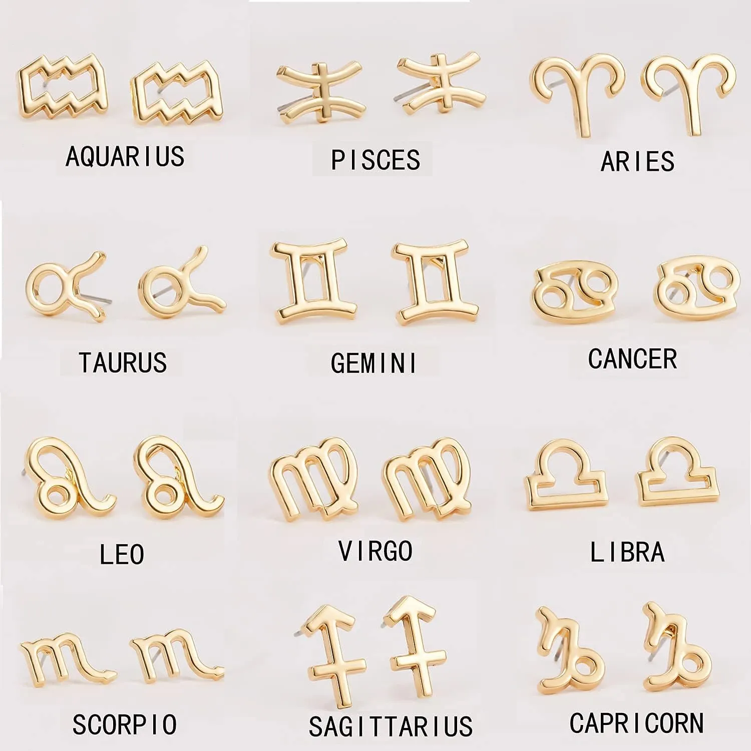 18K Gold Plated Zodiac Stud Earrings 12 Constellation Astrology Card Packaging Horoscope 18K Gold Plated Little Ear Stud for Women Birthday Anniversary Friendship Exquisite Jewelry Gift