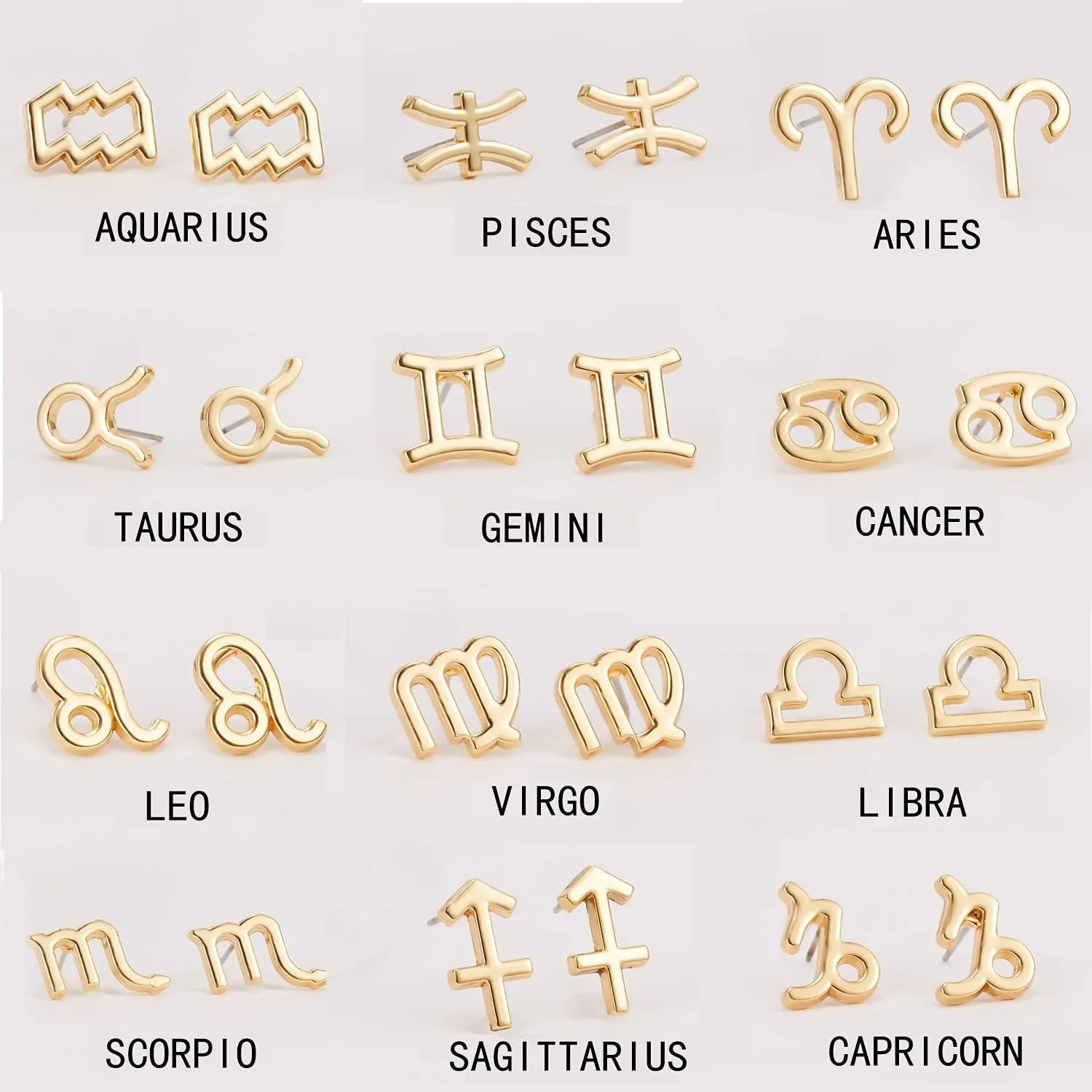18K Gold Plated Zodiac Stud Earrings 12 Constellation Astrology Card Packaging Horoscope 18K Gold Plated Little Ear Stud for Women Birthday Anniversary Friendship Exquisite Jewelry Gift