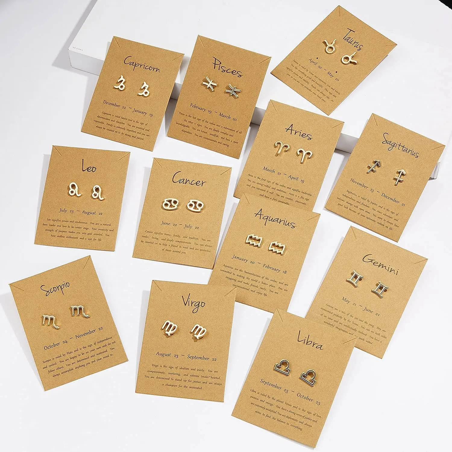 18K Gold Plated Zodiac Stud Earrings 12 Constellation Astrology Card Packaging Horoscope 18K Gold Plated Little Ear Stud for Women Birthday Anniversary Friendship Exquisite Jewelry Gift