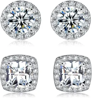 18K White Gold Plated Round Square Cubic Zirconia Simulated Diamond Halo Stud Earrings 2 pairs Set