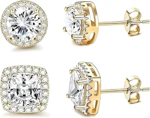 18K White Gold Plated Round Square Cubic Zirconia Simulated Diamond Halo Stud Earrings 2 pairs Set