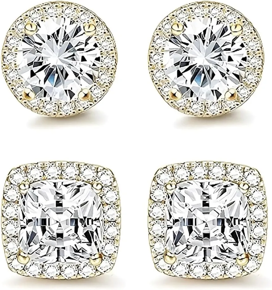 18K White Gold Plated Round Square Cubic Zirconia Simulated Diamond Halo Stud Earrings 2 pairs Set