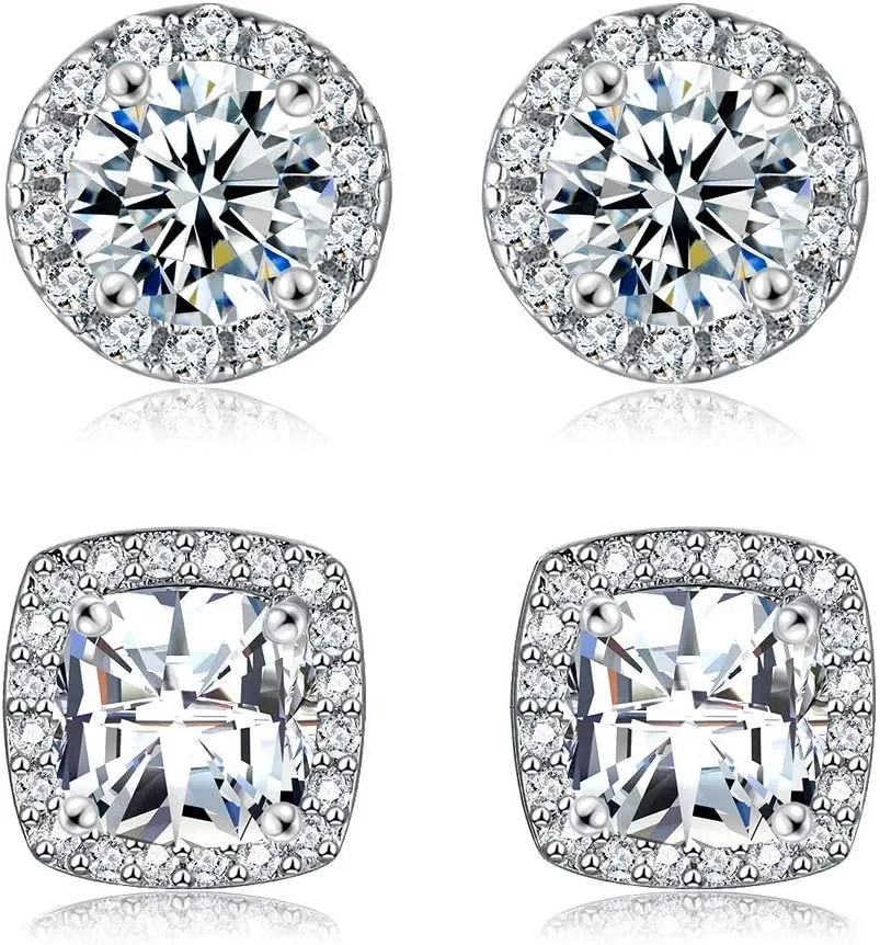18K White Gold Plated Round Square Cubic Zirconia Simulated Diamond Halo Stud Earrings 2 pairs Set