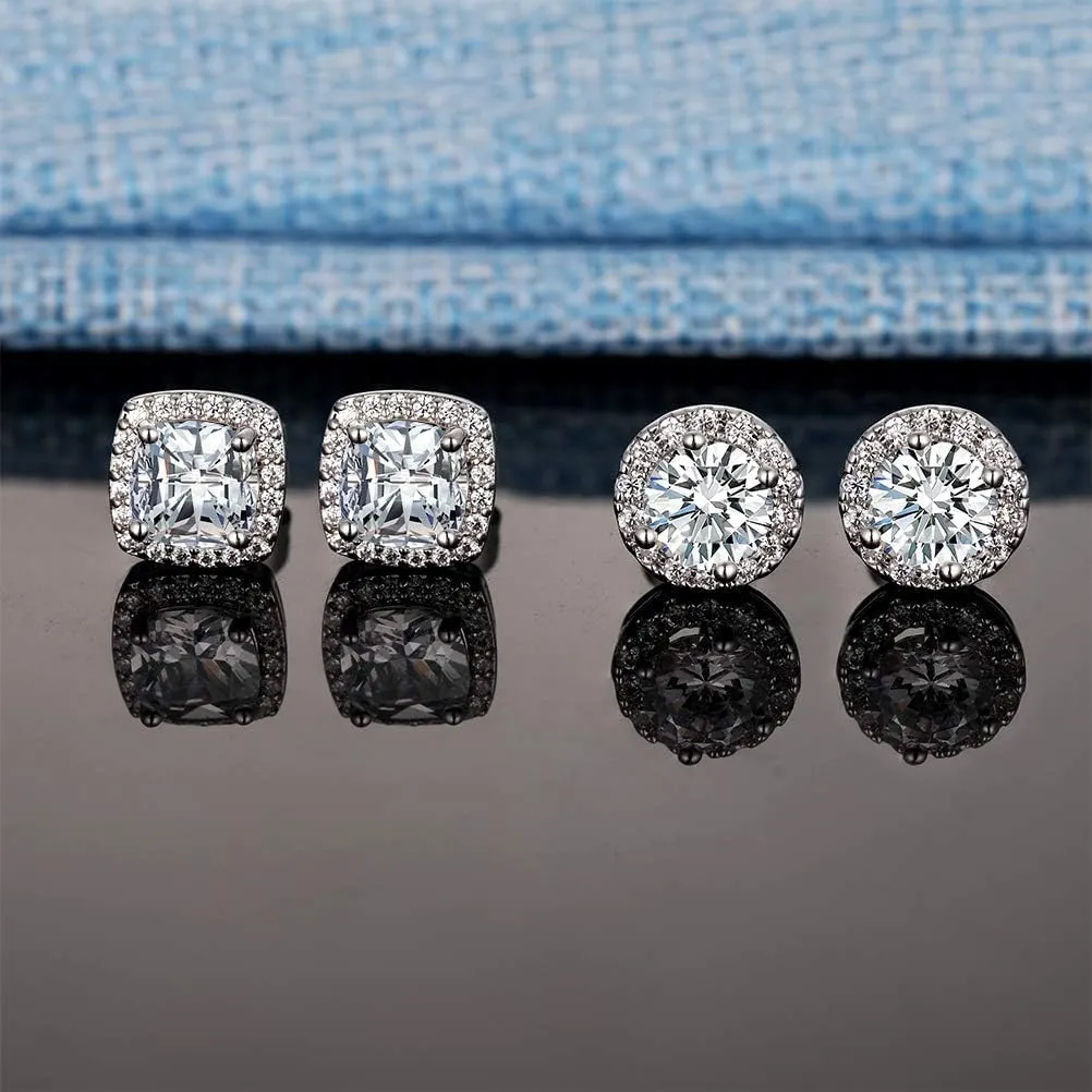 18K White Gold Plated Round Square Cubic Zirconia Simulated Diamond Halo Stud Earrings 2 pairs Set