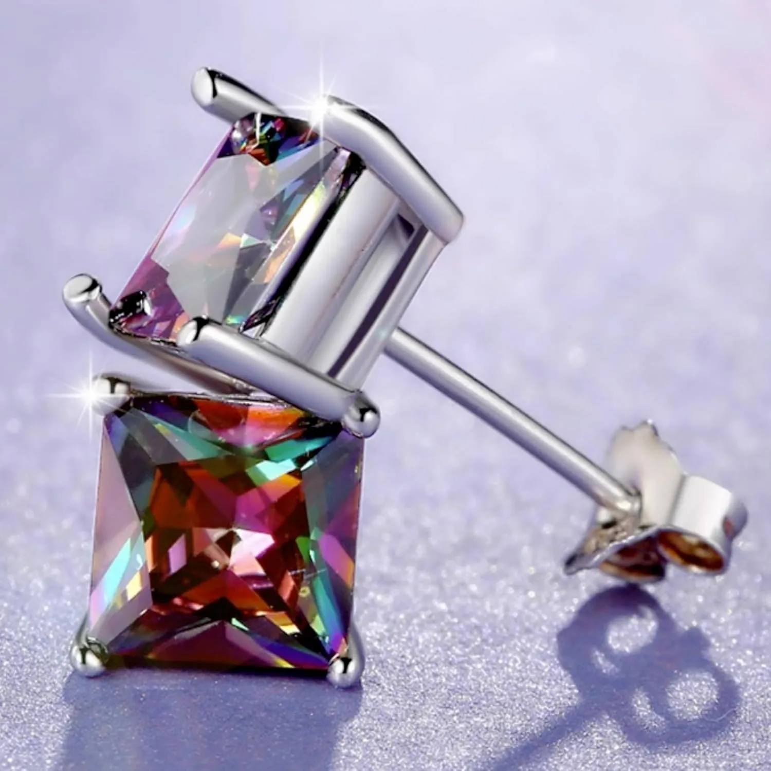 18K White Gold Plated Round/Square CZ Earrings Created Rainbow Quartz Stud Earrings for Women Men