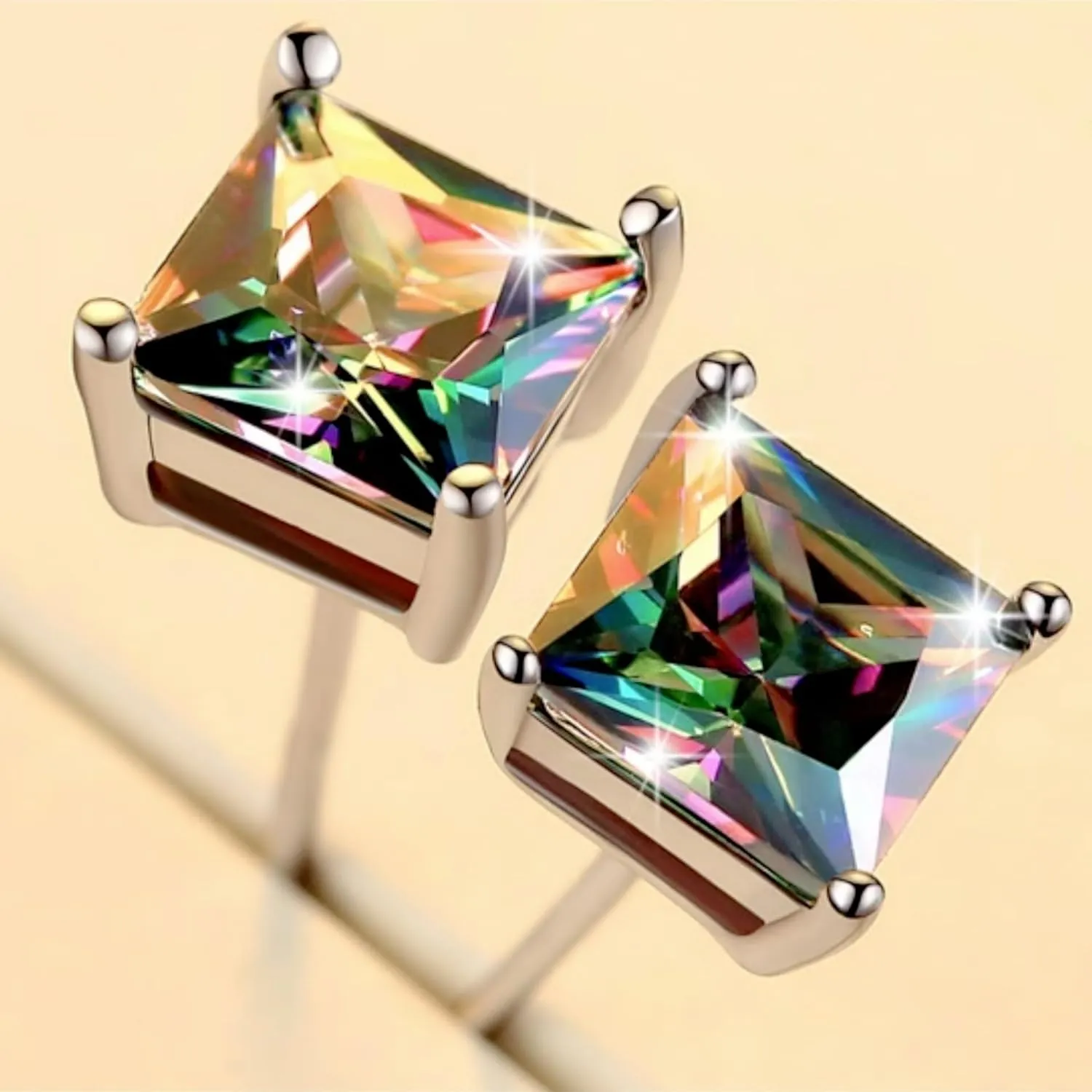 18K White Gold Plated Round/Square CZ Earrings Created Rainbow Quartz Stud Earrings for Women Men