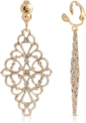 1928 Jewelry Diamond Symmetrical Filigree Drop Clip On Earrings, Vintage Baroque Style Motifs, Non Piercing Ear Rings, Pierceless Snap On Made In USA, Gold