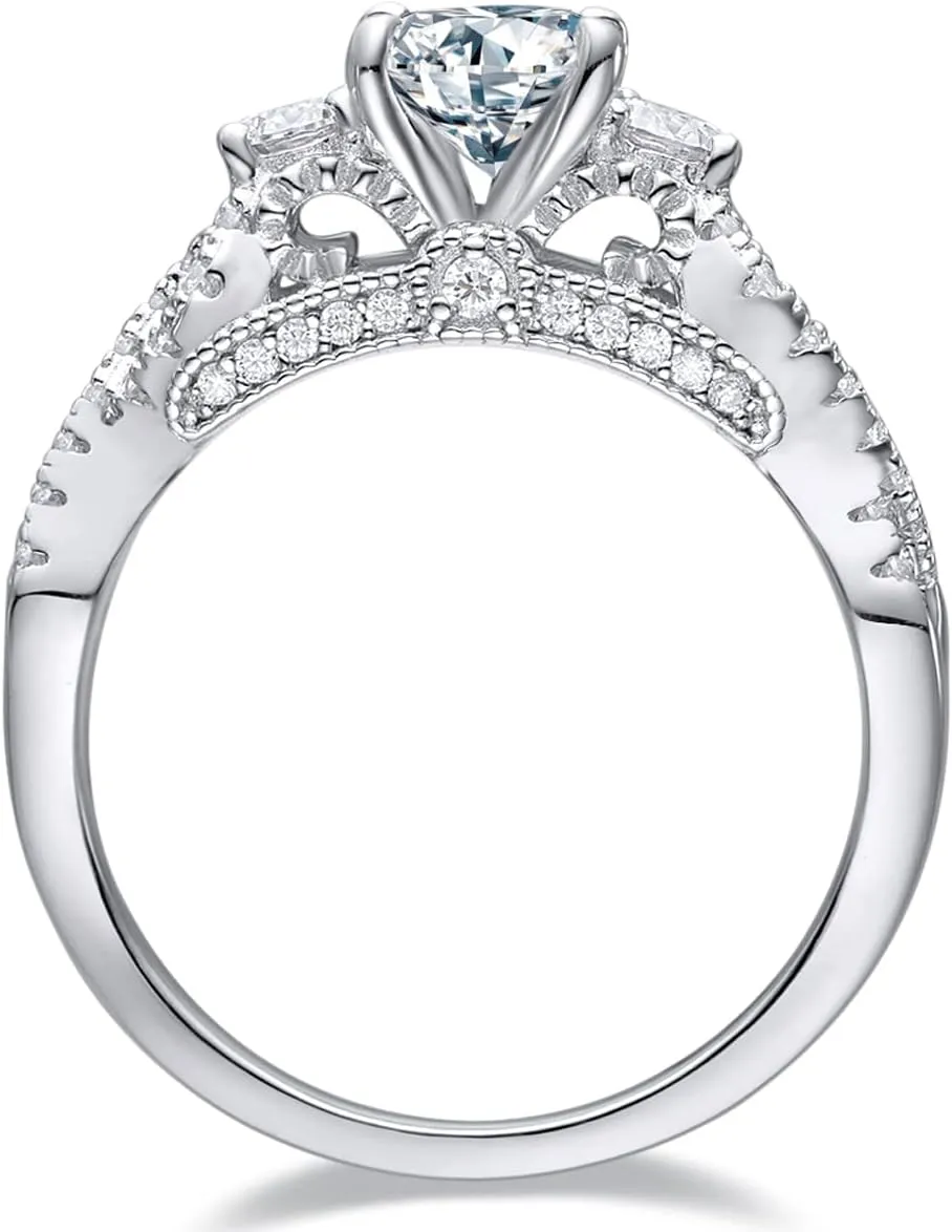 2 Carat (ctw) Round Cut 3-Stone Moissanite Engagement Rings for Women Platinum Plated Silver Wedding Ring for Women Claasic Moissanite Rings