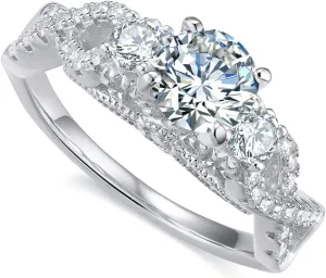 2 Carat (ctw) Round Cut 3-Stone Moissanite Engagement Rings for Women Platinum Plated Silver Wedding Ring for Women Claasic Moissanite Rings