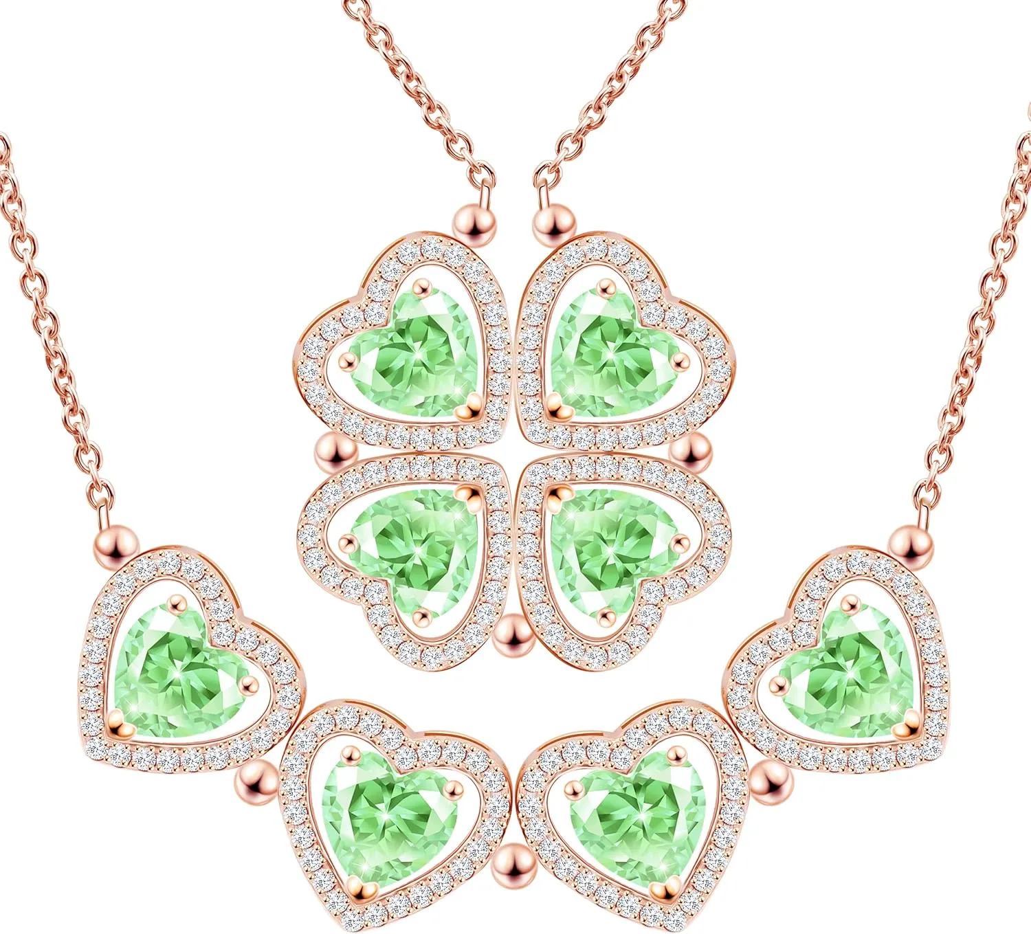 2 IN 1 Lucky Four Leaf Clover Necklaces for Women, Shamrock CZ Birthstone folding Heart Necklace, Extendable & Foldable Jewelry Gifts