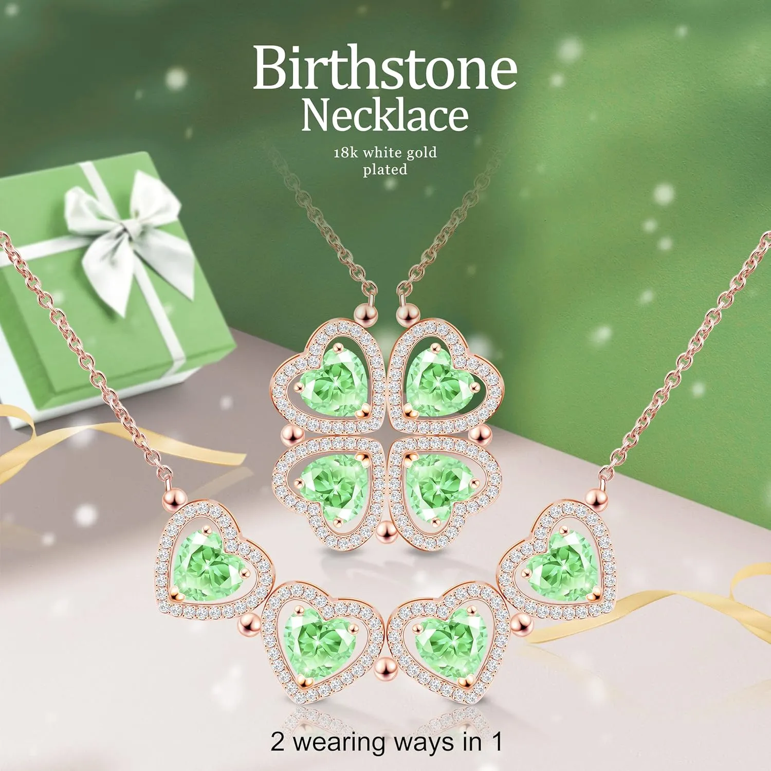 2 IN 1 Lucky Four Leaf Clover Necklaces for Women, Shamrock CZ Birthstone folding Heart Necklace, Extendable & Foldable Jewelry Gifts