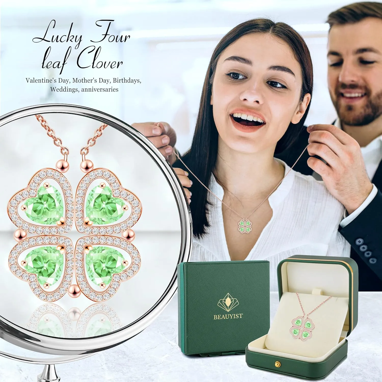 2 IN 1 Lucky Four Leaf Clover Necklaces for Women, Shamrock CZ Birthstone folding Heart Necklace, Extendable & Foldable Jewelry Gifts