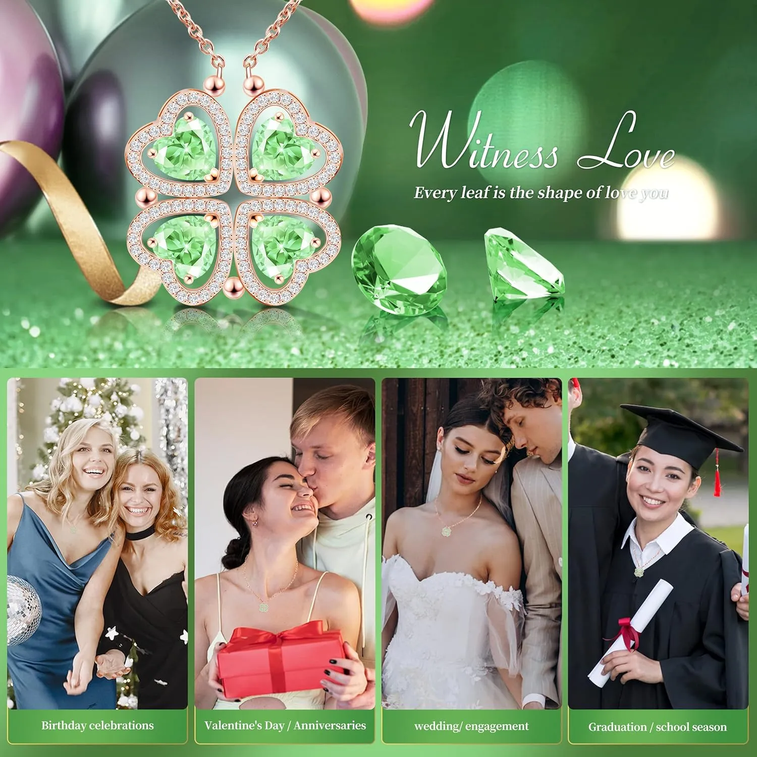 2 IN 1 Lucky Four Leaf Clover Necklaces for Women, Shamrock CZ Birthstone folding Heart Necklace, Extendable & Foldable Jewelry Gifts