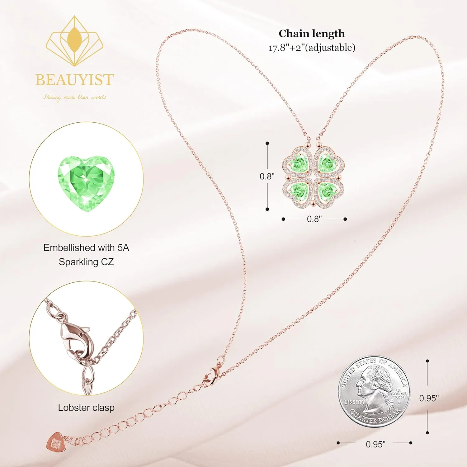 2 IN 1 Lucky Four Leaf Clover Necklaces for Women, Shamrock CZ Birthstone folding Heart Necklace, Extendable & Foldable Jewelry Gifts