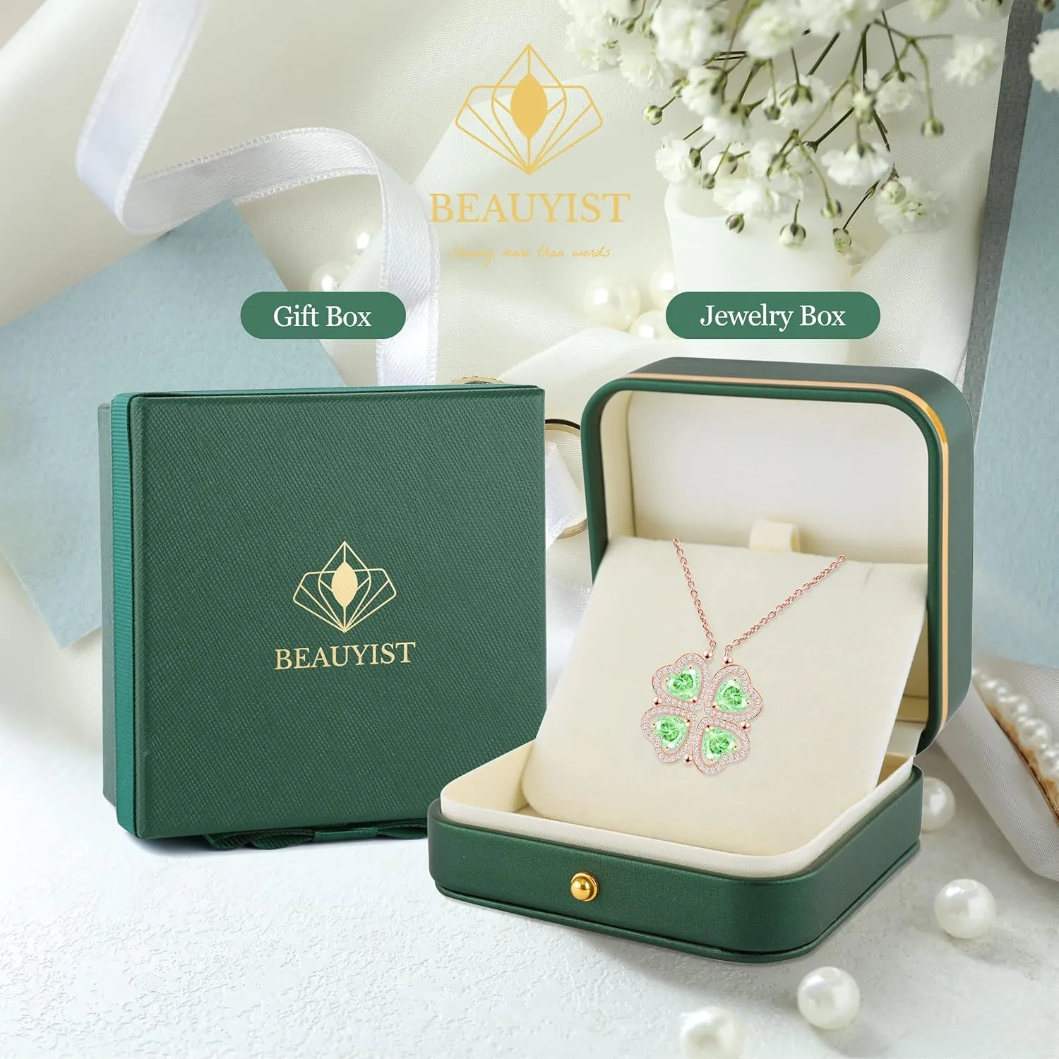 2 IN 1 Lucky Four Leaf Clover Necklaces for Women, Shamrock CZ Birthstone folding Heart Necklace, Extendable & Foldable Jewelry Gifts