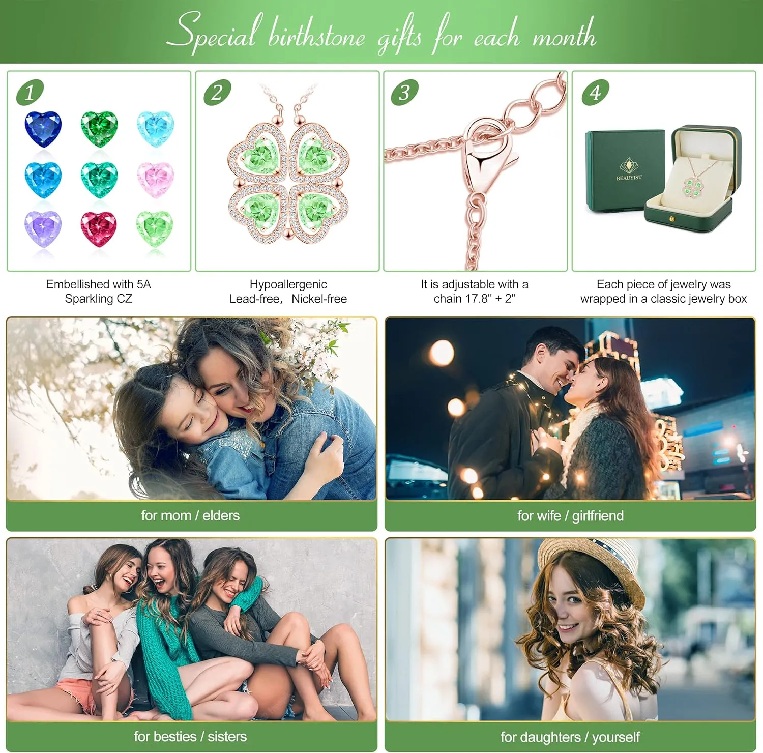 2 IN 1 Lucky Four Leaf Clover Necklaces for Women, Shamrock CZ Birthstone folding Heart Necklace, Extendable & Foldable Jewelry Gifts