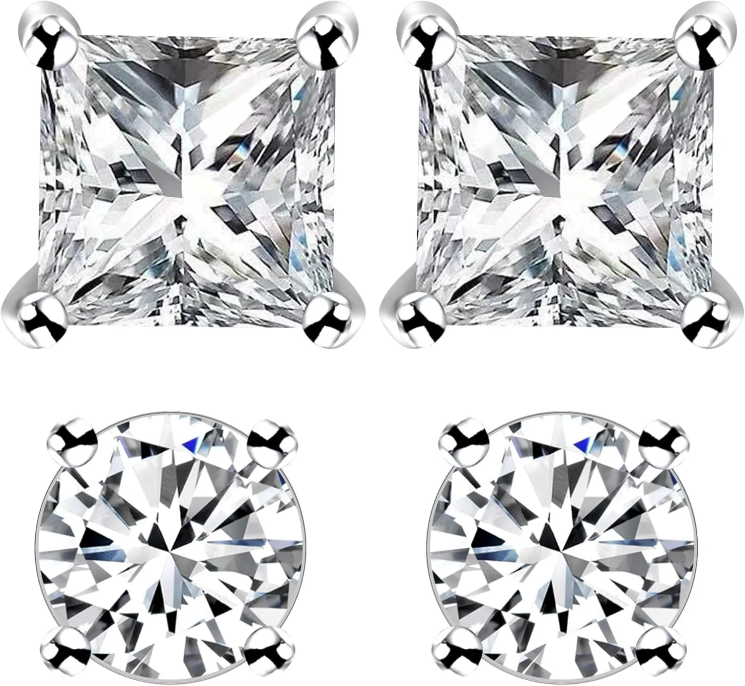 2 Pairs Women's Platinum Plated Earrings Hypoallergenic CZ Ear Stud Simulated Diamond Earrings Cubic Zirconia Ear Stud Anniversary Day for Lover