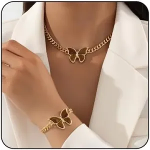 2 Pieces Butterfly Cuban Jewelry Set Gold Butterfly Necklaces Bracelet Set Chunky Gold Choker Necklace Vintage Butterfly Necklace Bracelet Set Fashion Butterfly Set Jewelry