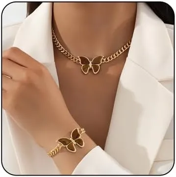 2 Pieces Butterfly Cuban Jewelry Set Gold Butterfly Necklaces Bracelet Set Chunky Gold Choker Necklace Vintage Butterfly Necklace Bracelet Set Fashion Butterfly Set Jewelry