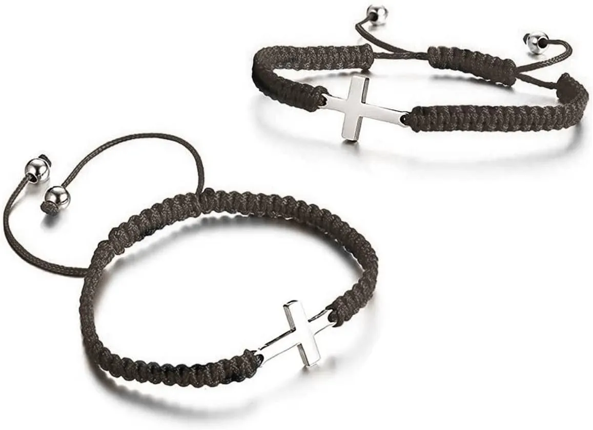 2 Pieces Friendship Cross Bracelet Black String Rope Braided Bracelet Stainless Steel Handmade Lucky Matching Couple Strand Bracelets Kabbalah Protection Cross Religion Jewelry
