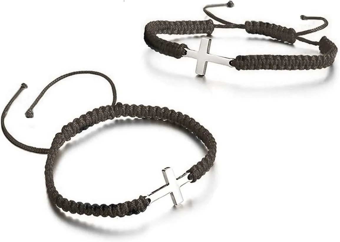 2 Pieces Friendship Cross Bracelet Black String Rope Braided Bracelet Stainless Steel Handmade Lucky Matching Couple Strand Bracelets Kabbalah Protection Cross Religion Jewelry