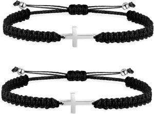 2 Pieces Friendship Cross Bracelet Black String Rope Braided Bracelet Stainless Steel Handmade Lucky Matching Couple Strand Bracelets Kabbalah Protection Cross Religion Jewelry