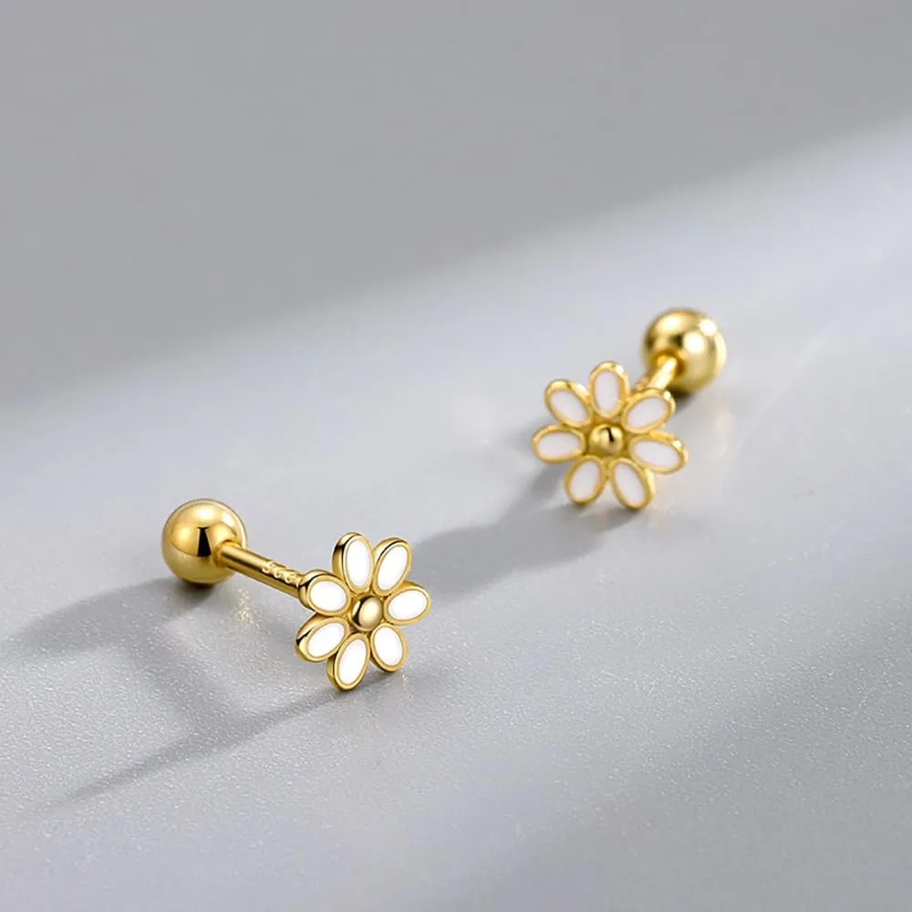 20G Cartilage Mini Stud Earrings Cute Daisy Flower Enamel Earring 925 Sterling Silver Floral Tiny Ball Screw Back Tragus Barbell Sleeper Studs Lovely Birthday Jewelry Gifts for Women Teen Girls Hypoallergenic