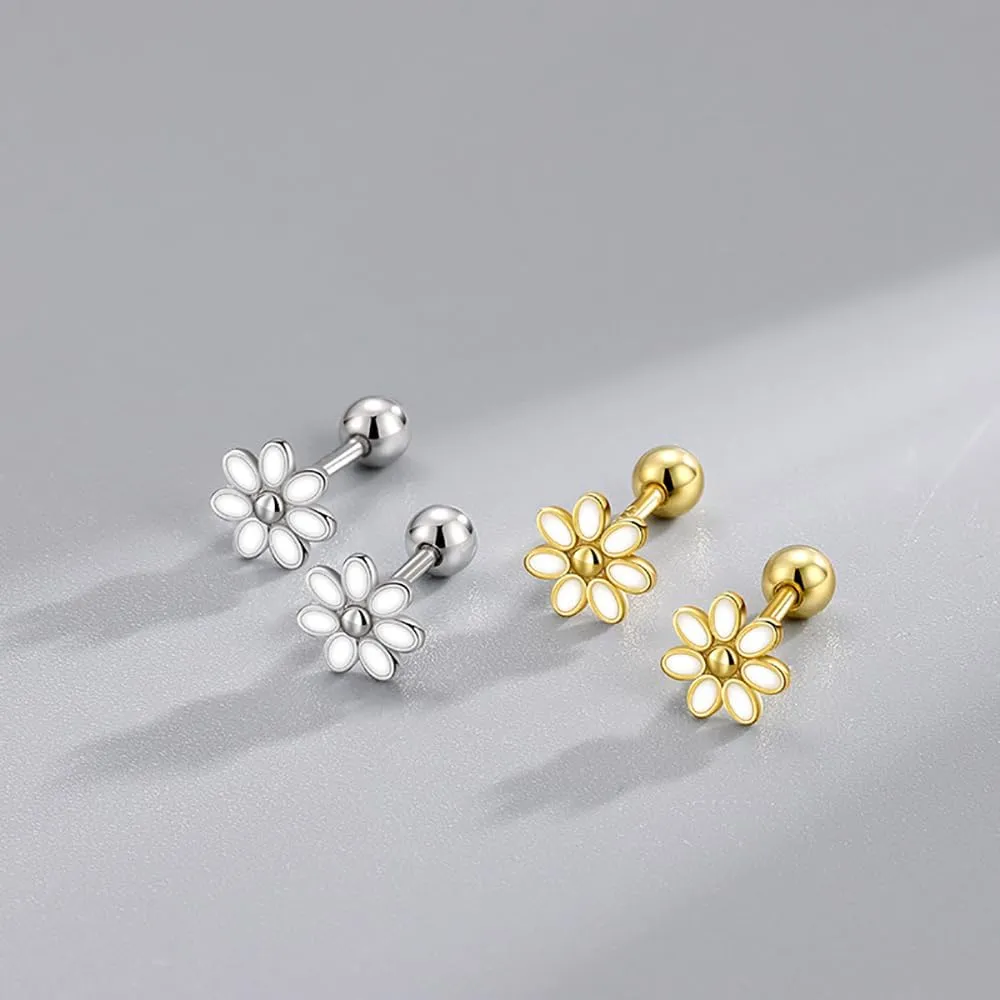 20G Cartilage Mini Stud Earrings Cute Daisy Flower Enamel Earring 925 Sterling Silver Floral Tiny Ball Screw Back Tragus Barbell Sleeper Studs Lovely Birthday Jewelry Gifts for Women Teen Girls Hypoallergenic