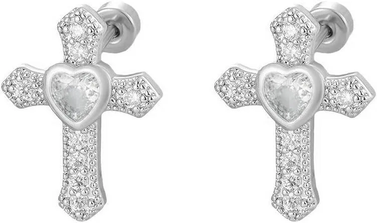 20g Cross Heart CZ Flat Screw Back Small Stud Earrings for Women Minimalist Stainless Steel Piercing Sleeper Studs Hypoallergenic for Sensitive Ears Fashion Trendy Jewelry