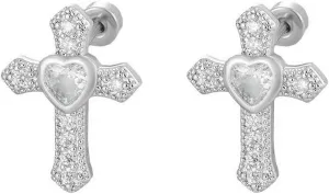 20g Cross Heart CZ Flat Screw Back Small Stud Earrings for Women Minimalist Stainless Steel Piercing Sleeper Studs Hypoallergenic for Sensitive Ears Fashion Trendy Jewelry