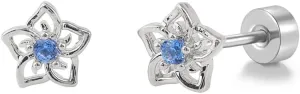 20g Hollow Blue CZ Flower Screw Flat Back Small Stud Earrings for Women Stainless Steel Cute Floral Cherry Cubic Zirconia Crystal Cartilage Tragus Piercing Little Studs Hypoallergenic Fashion Jewelry for Daughter Xmas