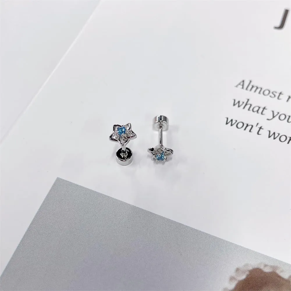 20g Hollow Blue CZ Flower Screw Flat Back Small Stud Earrings for Women Stainless Steel Cute Floral Cherry Cubic Zirconia Crystal Cartilage Tragus Piercing Little Studs Hypoallergenic Fashion Jewelry for Daughter Xmas