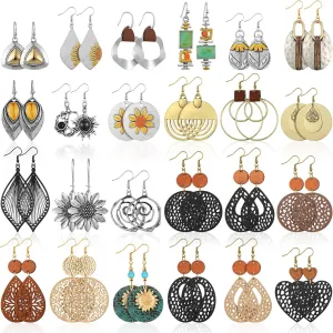 24 Pairs Boho Vintage Geometric Wooden Round Earrings Bulk Ethnic Style Bohemian Dangle Earrings for Women