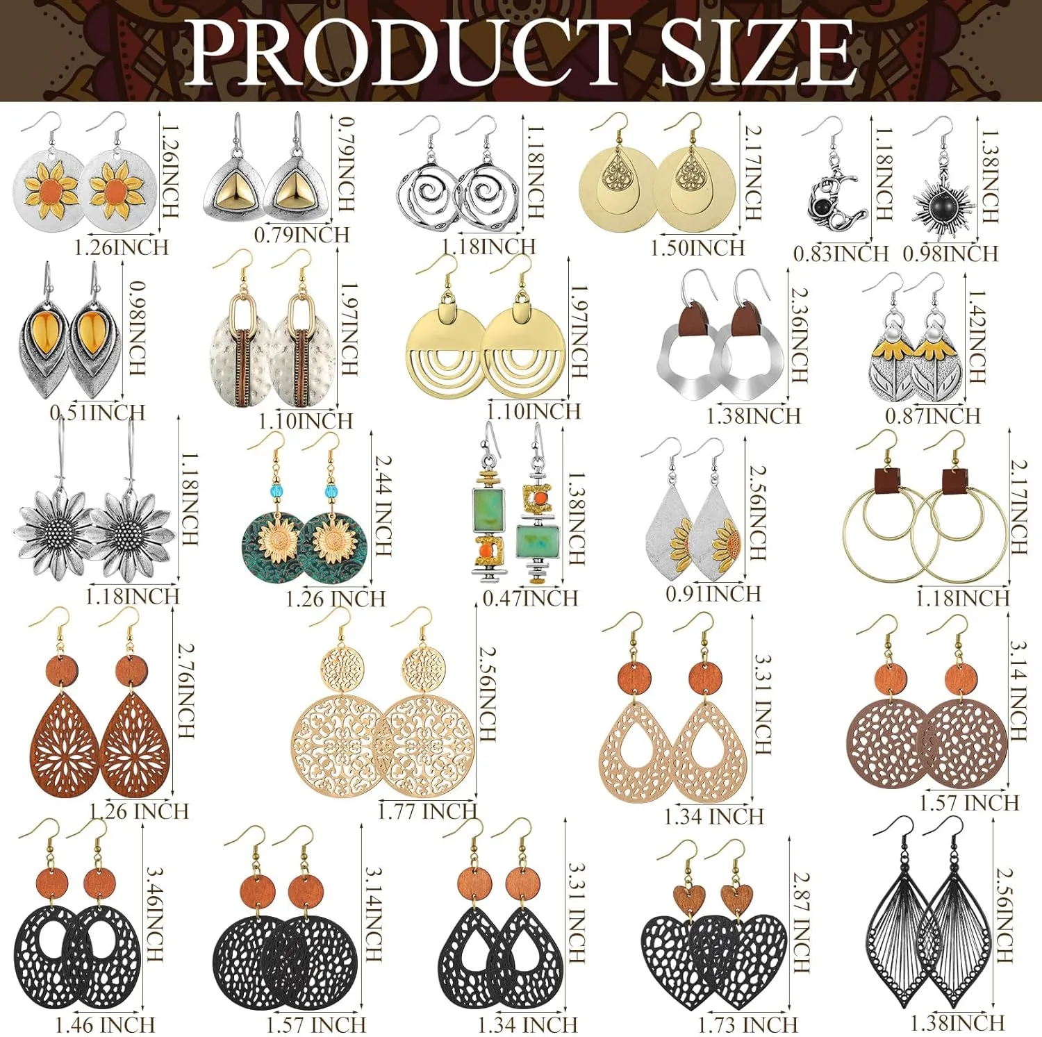 24 Pairs Boho Vintage Geometric Wooden Round Earrings Bulk Ethnic Style Bohemian Dangle Earrings for Women