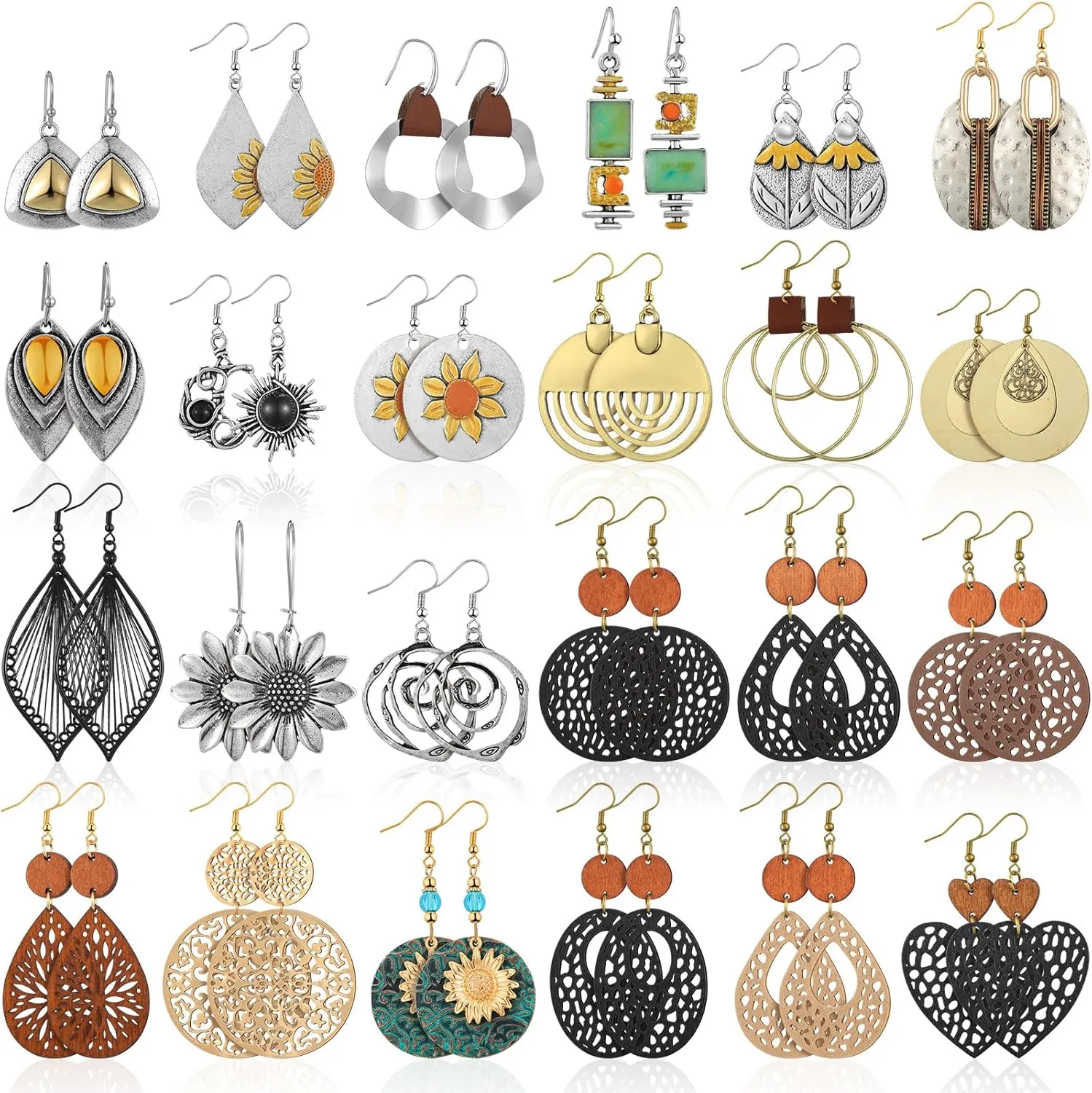 24 Pairs Boho Vintage Geometric Wooden Round Earrings Bulk Ethnic Style Bohemian Dangle Earrings for Women