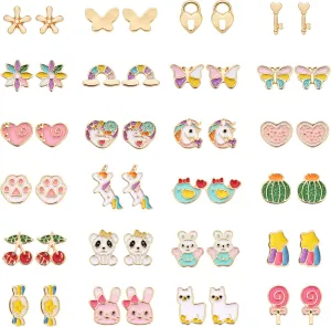 24 Pairs Hypoallergenic Stud Earrings Set for Girls Sensitive Ears With Stainless Steel Post Colorful Cute Earrings for Girls Women