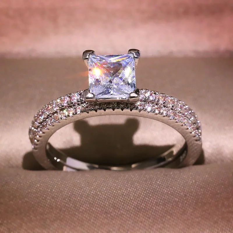 2pc Platinum Plated Zircon Jewelry Gorgeous Set Ring Couple Ring Zircon Couple Princess Square Diamond Ring Fashion Luxury Ring Size 7