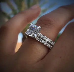 2pc Platinum Plated Zircon Jewelry Gorgeous Set Ring Couple Ring Zircon Couple Princess Square Diamond Ring Fashion Luxury Ring Size 7