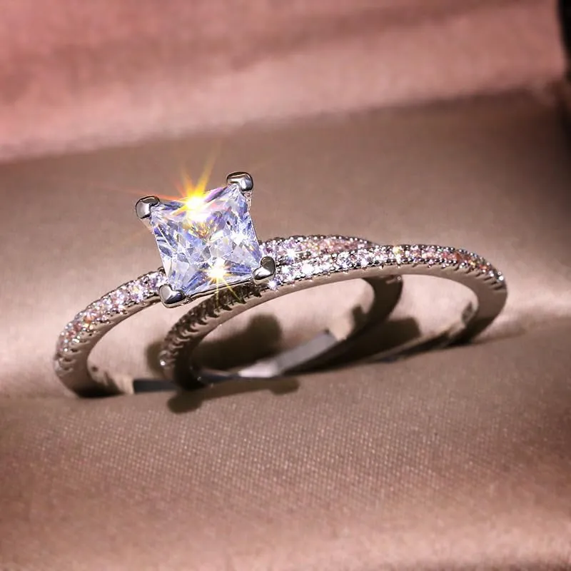 2pc Platinum Plated Zircon Jewelry Gorgeous Set Ring Couple Ring Zircon Couple Princess Square Diamond Ring Fashion Luxury Ring Size 7