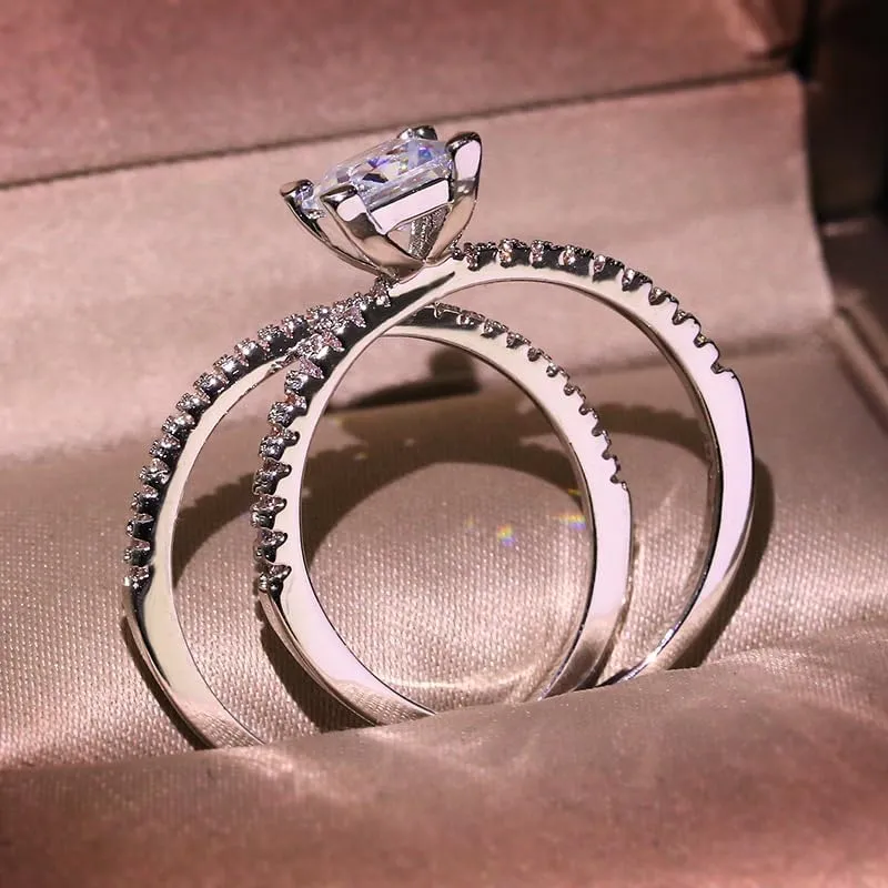 2pc Platinum Plated Zircon Jewelry Gorgeous Set Ring Couple Ring Zircon Couple Princess Square Diamond Ring Fashion Luxury Ring Size 7