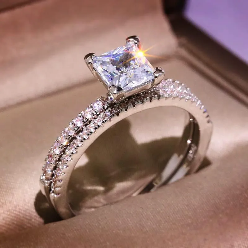 2pc Platinum Plated Zircon Jewelry Gorgeous Set Ring Couple Ring Zircon Couple Princess Square Diamond Ring Fashion Luxury Ring Size 7