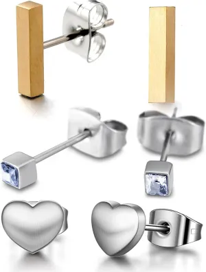 3 Pairs Pure Titanium Stud Earrings Set Long strip/Mini zircon/Heart Hypoallergenic Fashion Earring For Sensitive Ear